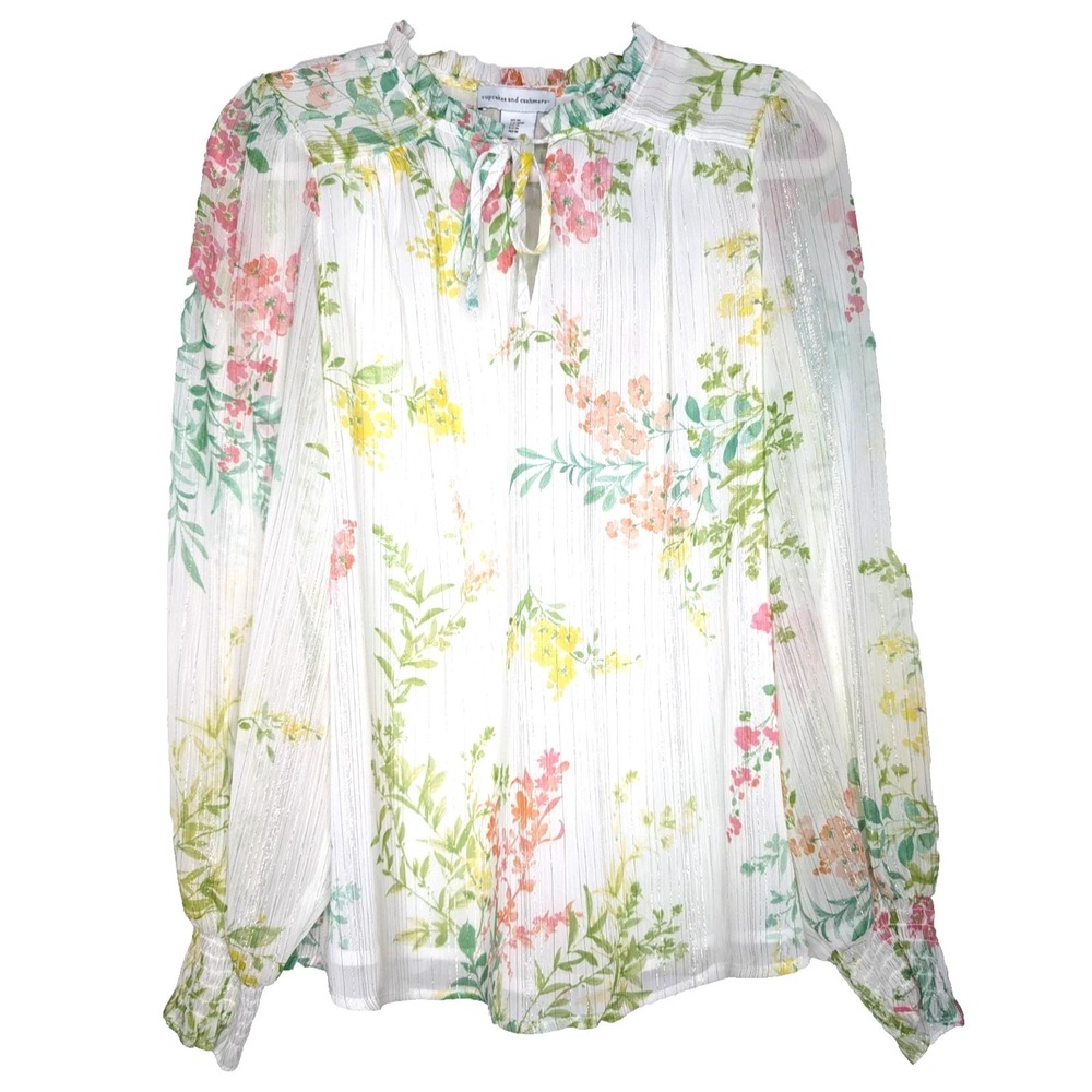 NEW Cupcakes And Cashmere Sz S White Floral Cottage Peasant Prairie Sheer Blouse